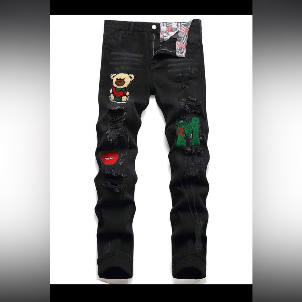 New Distressed Jeans With Chenille Patches Size 32W 29L